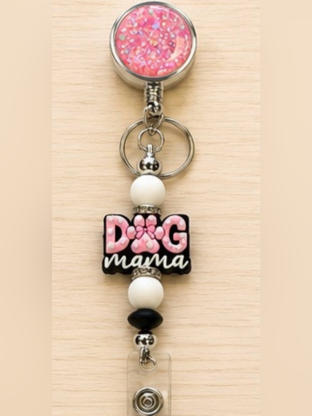 Dog Mama Keycard Lanyard Charm - Pink & White Dog Mama